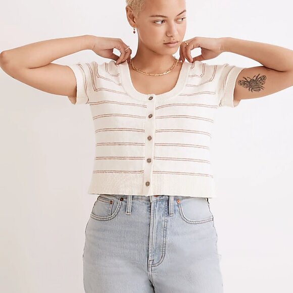 Madewell White Scoop Sweater Tee with Brown Stripes, Size Small - Picture 2 of 8